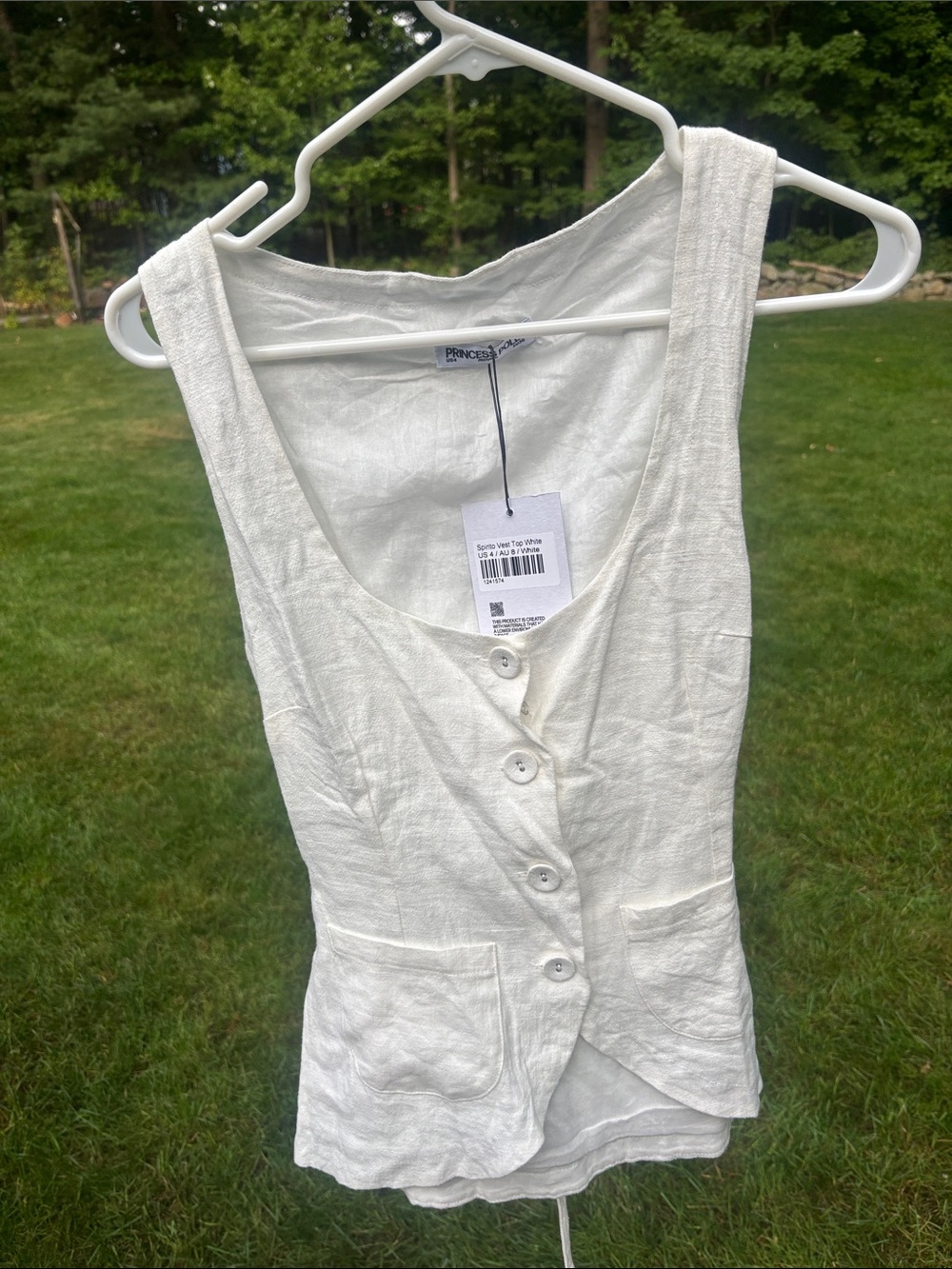 princess Polly White Linen-Blend Button Front Tank with Patch Pockets